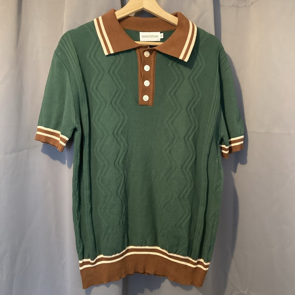 OXKNITSTORE Mens 60s Green Knit Polo Shirt M Brown Collar Cuffs Retro Preppy Mod